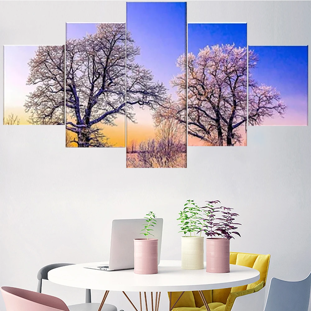 

5 Pieces Wall Art Canvas Painting Cold Trees Landscape Poster Modern Living Room Home Decoration Modular Picture Framework