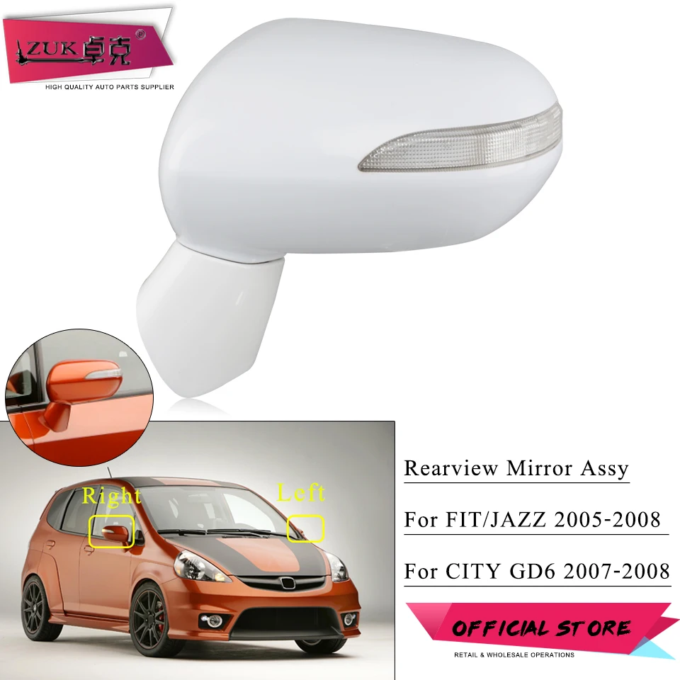 ZUK zewnętrzne lusterko wsteczne zewnętrzne lusterko zewnętrzne lusterko wsteczne dla HONDA FIT JAZZ miasto 2003-2008 5-piny elektryczne regulacja kąta nachylenia + lampa LED