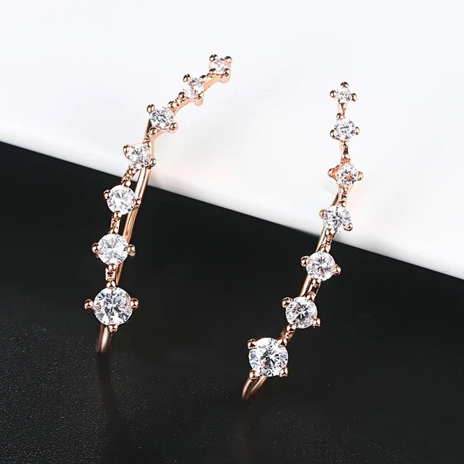 Long Dipper Ear Hook Clip Climbing Earring for Women Shiny Zirconia Rose Gold Color Ear Cuff Earing Gift Fashion Jewelry E527