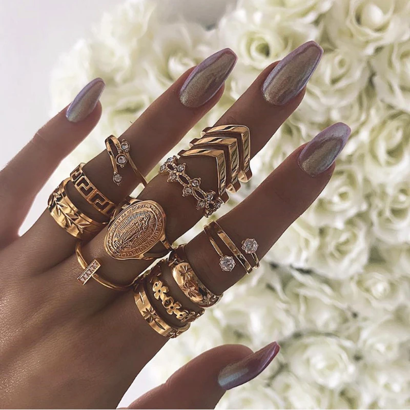 13 Pcs/set Retro Crystal Bohemian Geometry Flower Leaves Simple Pattern Joint Ring Set Women Wedding Anniversary Gift