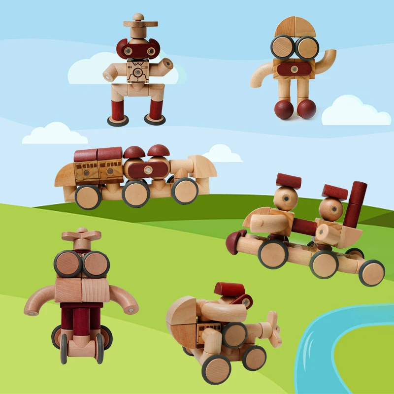 Juego de construcción de madera con imanes para niños, bloques de construcción magnéticos, juguetes Montessori para niñas, niños y bebés