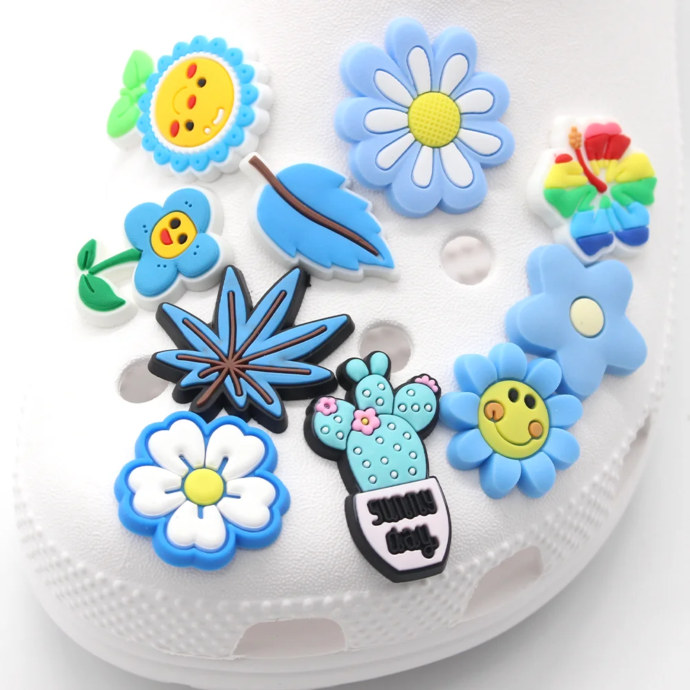 New 1pcs Blue series pvc shoes charms Accessories cute Cactus flower shoes Decorations fit clog kid X-mas party gifts