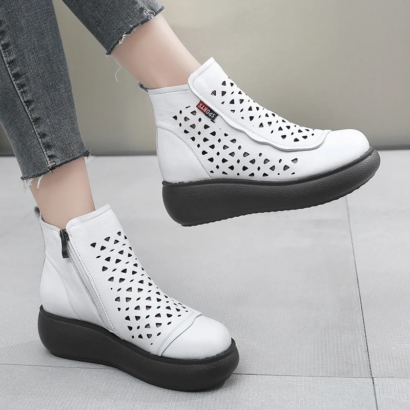 GKTINOO New Genuine Leather Wedge Ankle Boots For Women Summer Platform Shoes Retro Hollow Out Back Zipper Breathable Cool Boots