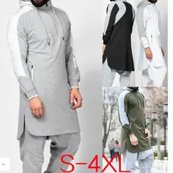 Hooded Men Muslim Jubba Thobe Patchwork Islamic Clothing Long Sleeve Dubai Kaftan Male Saudi Arabia Shirt Plus Size 3XL 4XL