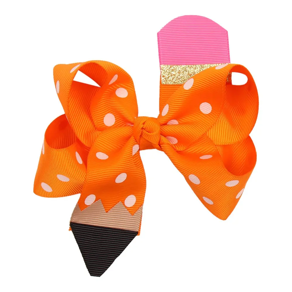 CN Fashion Back To School Pencil Print Hair Bows for Girls Hair Clips Cute Dot Bowknot Hairgrips Kids Hair Accessories