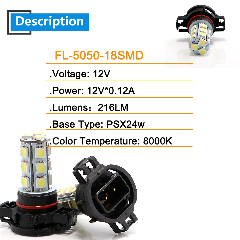 2pcs 12V PSX24W 5050 18SMD 8000K Fog Light Motorcycle Headlights Electric Car Led Bulb Indicator Light Off Road Driving Lamp