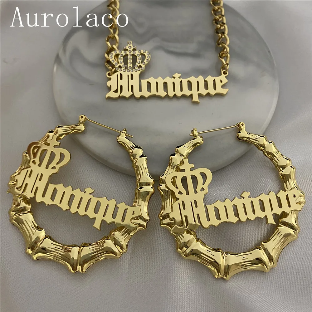 AurolaCo Custom Name Earrings Personalize Stainless Steel Round Bamboo Earrings Gold Choker Necklace Set For Women Jewelry Gifts