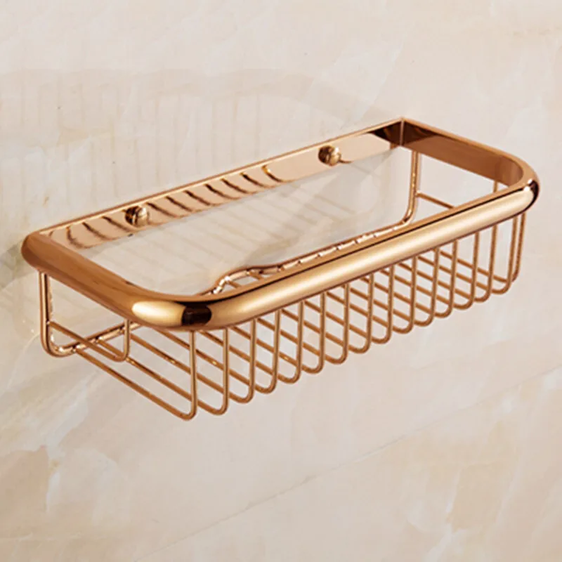 

New Arrivals Rose Gold Brass Bathroom Corner Shelves Basket Holder Bathroom Soap Holder Square Bath Shampoo Shelf Black Chrome