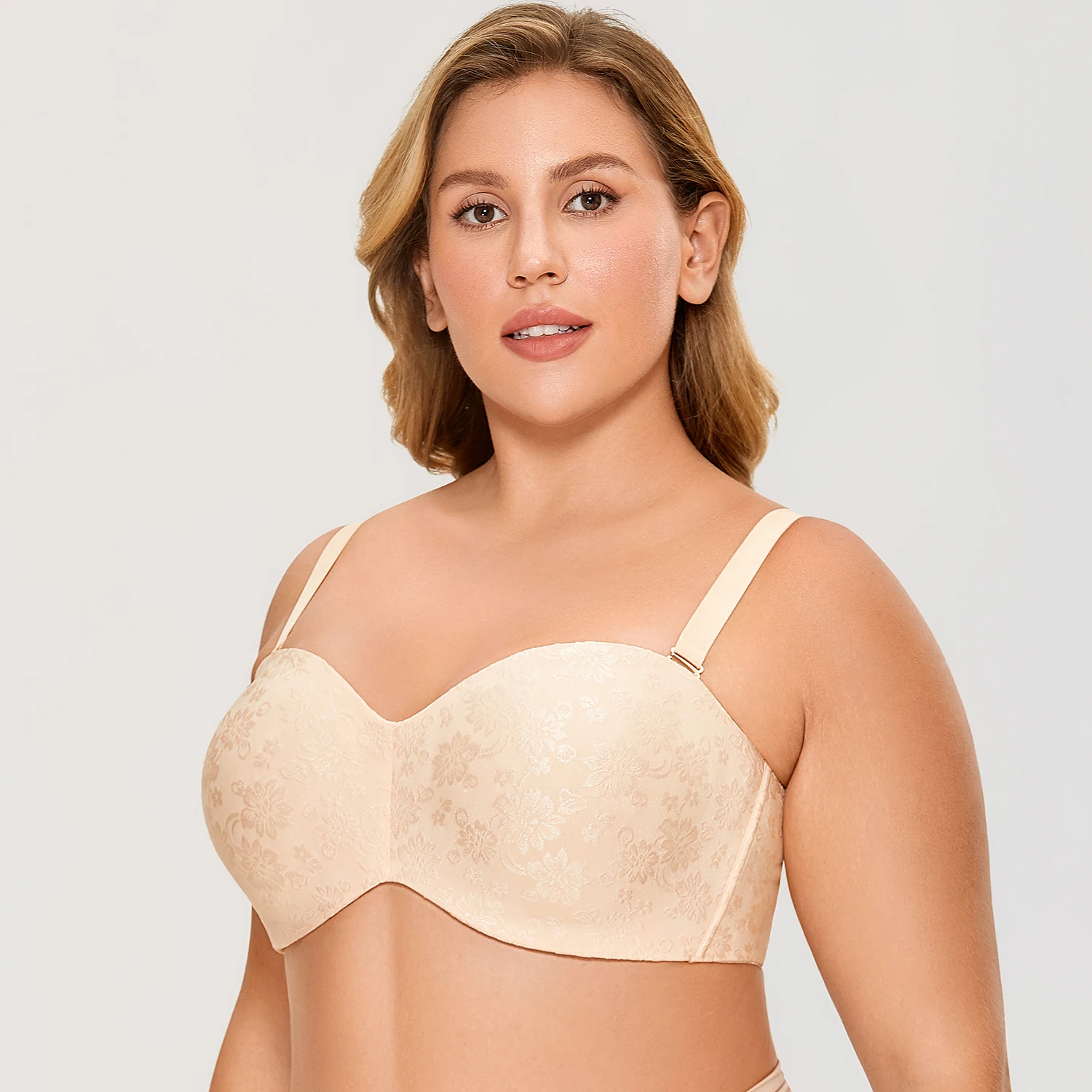 Floral Jacquard Strapless Women Bra Plus Size Multitway Non-padded Underwire Bras Underwear B-DD E F 32-40 42