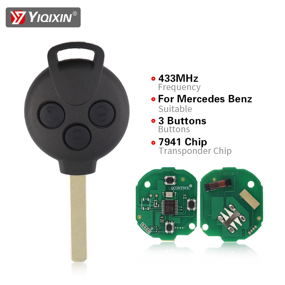 YIQIXIN 3 Buttons Car Remote Smart Key For Mercedes-Benz Smart Fortwo 451 2007-2013 433Mhz 7941 Chip Keyless Entry Transmitter