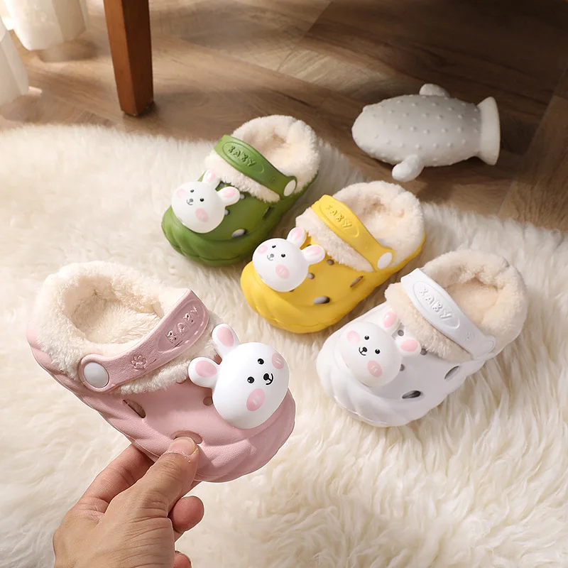 0-6y Kids Mules & Clogs Winter Boys Girls Sandals Flat Rabbit Cartoon Cute Beach Slippers Add Wool Children Garden Shoes Hc18