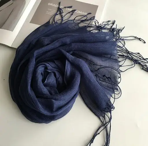 55*180cm Fashion Soft Solid Women 100% Linen Flax Tassel Scarf Summer Travel Sunscreen Long Shawl Elegant Hijab Women Foulard