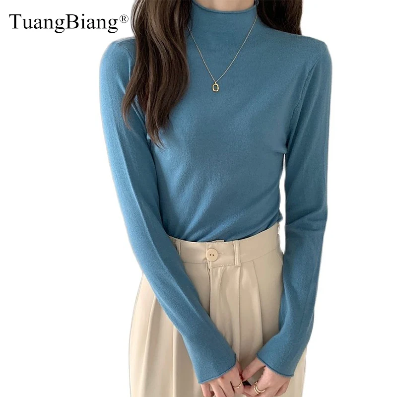 

Basic Long Sleeve Ruched Pullovers Elastic Ladies Curl Half Turtleneck Jumpers Sweater 2021 Women Fashion Wool Warm Knitted Tops