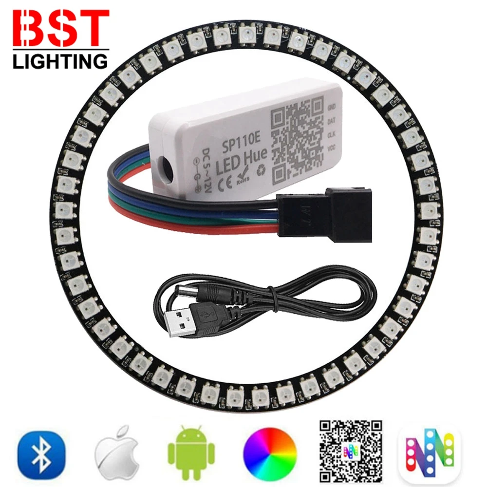 WS2812B LED Pixel Ring Controller, Kit USB, Endereçável individualmente, WS2812 IC, Luzes integradas, DC5V, SP110E, 8, 16, 24, 35, 45LEDs