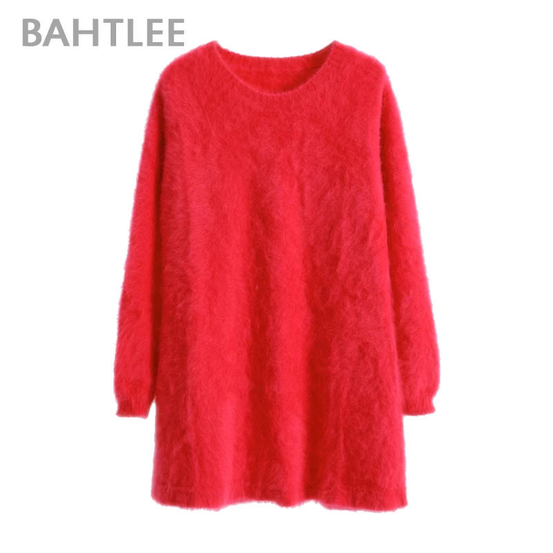 BAHTLEE-Women\'s Angora A Line Dress, Above Knee Length, Wool Knitted Jumper, Long Sleeves, O-Neck, Sexy, Autumn, Winter