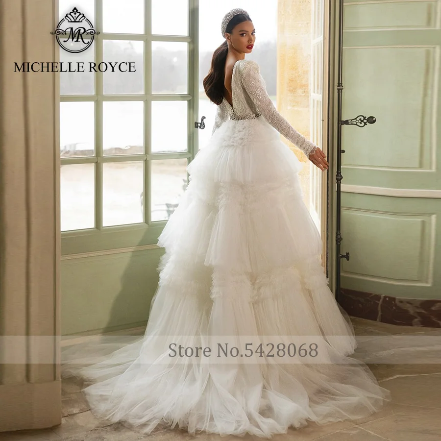 Michelle Royce A-Ling Wedding Dresses 2024 V-Neckline Long Sleeve Appliques Tiered Chapel Train Bridal Gowns Vestido De Noiva