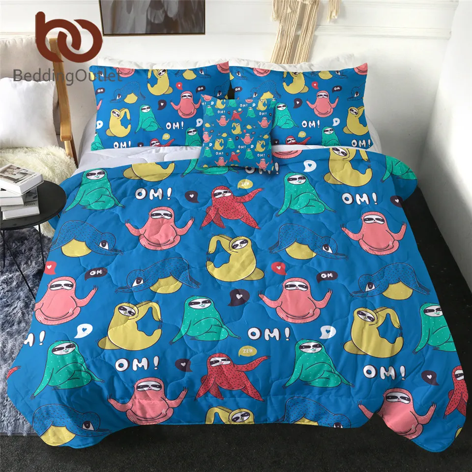 BeddingOutlet Yoga Sloth Quilted Quilt Colorful Folivora Bedding Throw Cartoon Thin Duvet 4-Piece Blue Comforter couette Queen