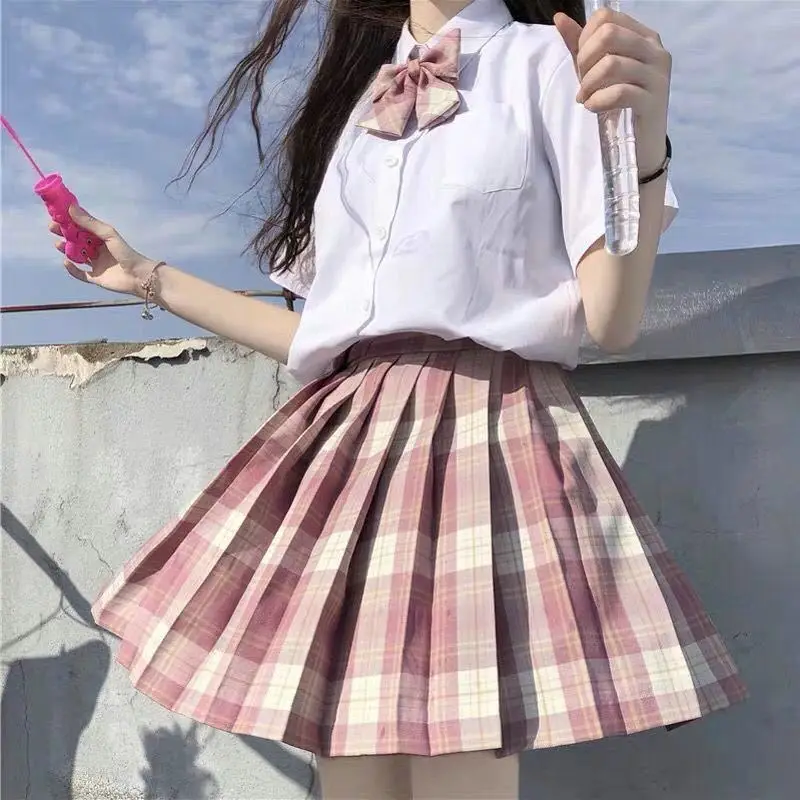 Saias plissadas, uniforme escolar de meninas, conjunto completo de saia xadrez com cintura alta e estilo japonês