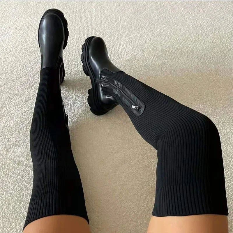 2022 Flat Shoes Thick Soled Boots Autumn Winter Breathable Knitted Upper Women's Thigh High Boots Elastic Round Head Black Boots