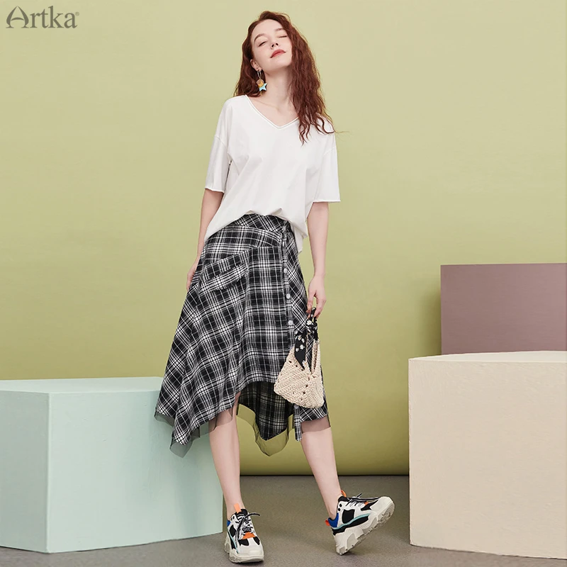 ARTKA 2025 Early Autumn New Women Skirt Fashion Plaid High Waist Cotton Skirts Irregularly Mesh Patchwork Long Skirt QA25003Q