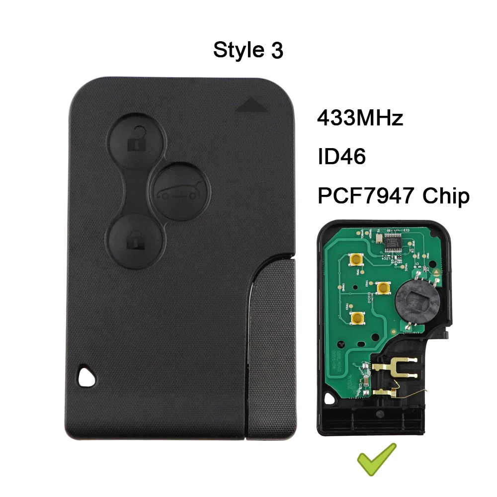 YIQfeat IN-Carte Intelligente Sans Clé à 3 lèvent pour Renault Clio Logan Megane 2 3 Scenic, 433Mhz, Clé d\'Urgence à Distance, Puce ID46 PCF7947