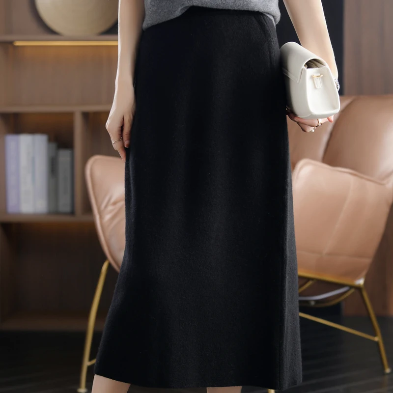 RONGYI 100%Wool Skirt 2024 Autumn Winter Mid-length Skirt Women High Waisted Cashmere High End Thick A-Line Knit Wild Base Skirt