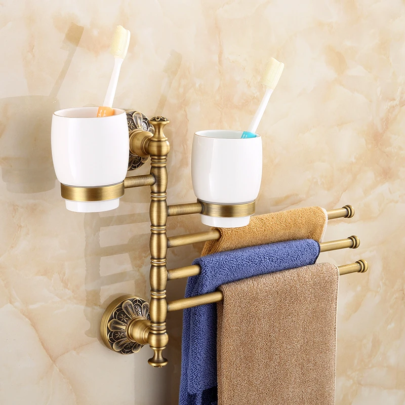 IMPEU Wall Mounted Toothbrush Holder with 2 Ceramic Cups, Toothpaste Tumbler Holder Stand, Swivel Towel Bar Holder