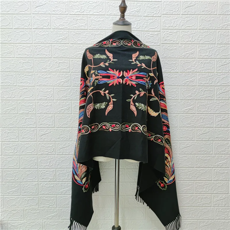 Black New Blanket Women Embroider Flower Pashmina Cashmere-Like Scarf Winter Warm Fine Tassels Scarf Shawl Fashion Scarves