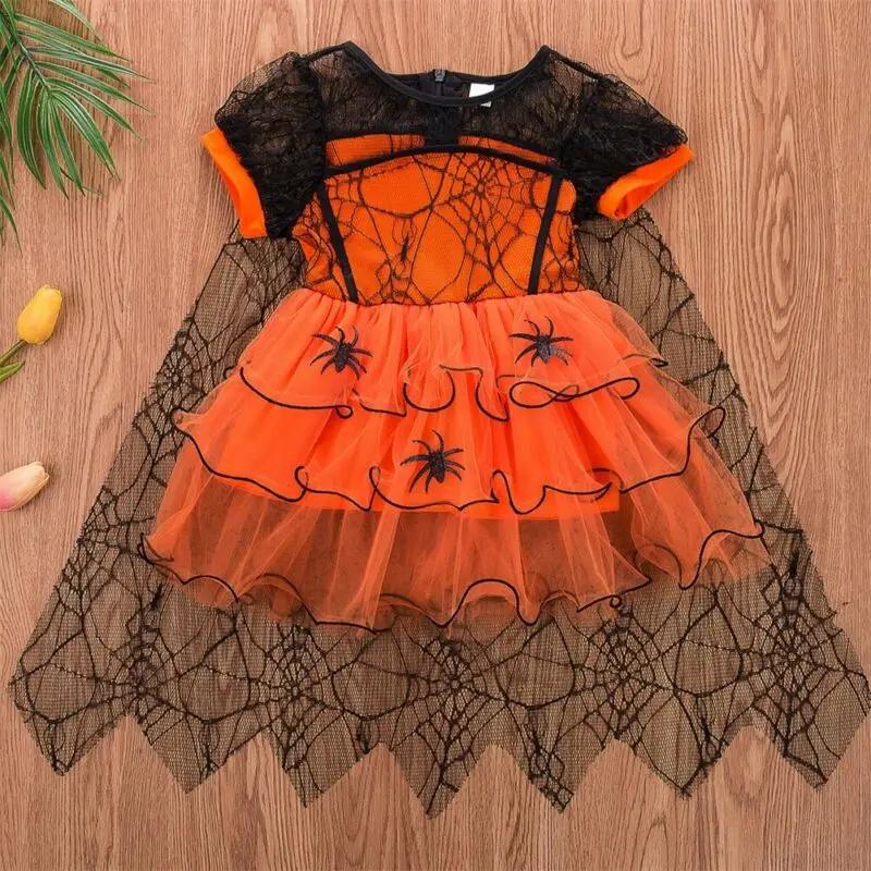 1-5Y Toddler Kids Baby Girls Halloween Dress Spider Cloak Witch Fancy Party Costume
