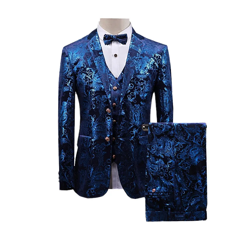 Gold Printed 3 Piece Tuxedo Suit Men Brand Slim Fit Wedding Party Dress Terno Masculino Party Prom Stage Costume Homme