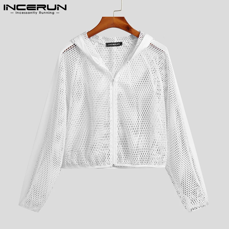 INCERUN 2024 Men Mesh Crop Tops Hooded Solid Color See Through Sexy Casual T Shirt Workout Outerwear Zipper Streetwear Camisetas