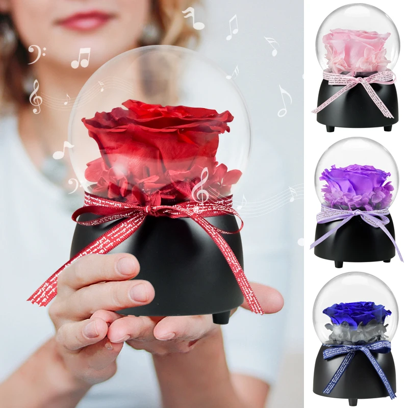 

Automatic Rotating Preserved Rose Music Box Eternal Flower In Glass Dome Valentine's Day Birthday Gifts for Wedding Anniversary