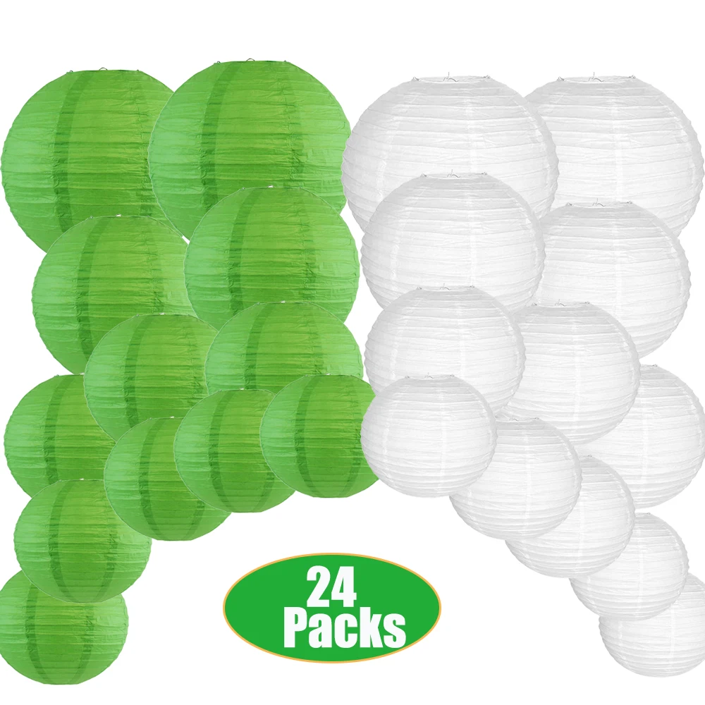 24 Pcs/set Green and White Paper Lantern Assorted Sizes Chinese Round Lampion for Wedding  Xmas Outdoor Party Hanging Decoration