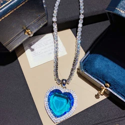 Luxury Bling Single Heart of the Sea Crystal Clean Zircon Chain Necklace for Women Silver Color Fashion Necklace  Jewelry