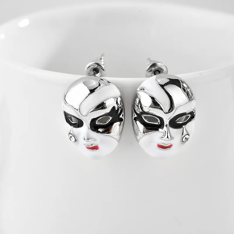 Creative Funny Mask Stud Earrings Silver Color Rhinestone Earrings for Men Women Earrings Halloween Party Jewelry Gifts