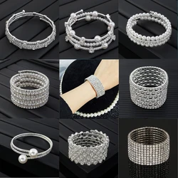 Luxury Crystal Rhinestone Stretch Bracelets For Women Pearl Elastic Wristband Girlsfriend Bangles Wedding Bridal Jewelry Gifts