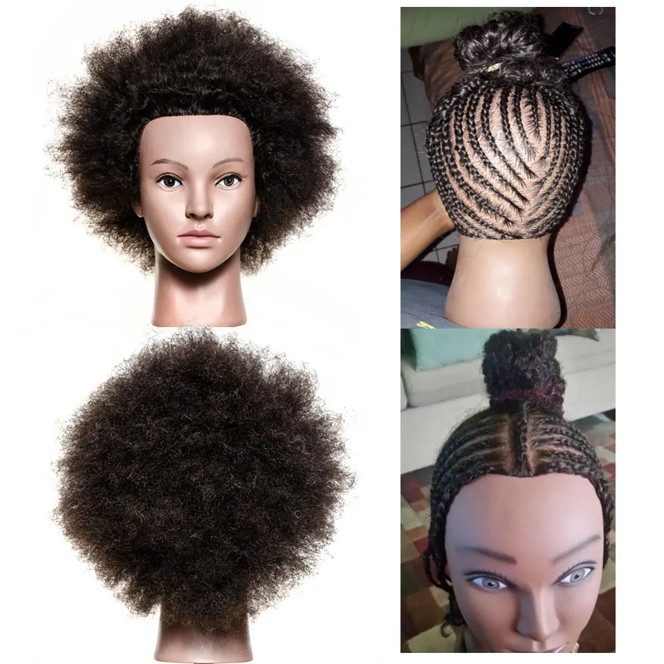 Traininghead-Cabeza de maniquí Afro para peluquería, muñeco de pelo humano para práctica de trenzado, entrenamiento de peluquería