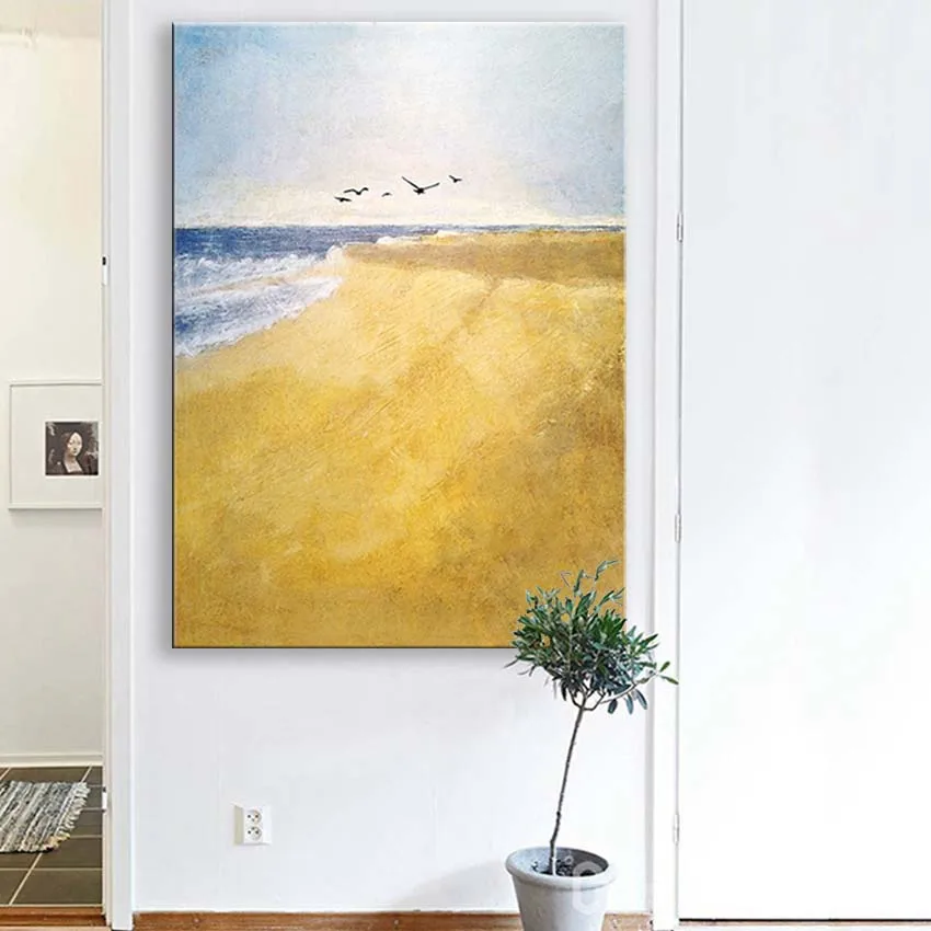 decoracion hogar moderno abstract yellow seaside landscape Handmade canvas oil painting wall art picture for living room bedroom