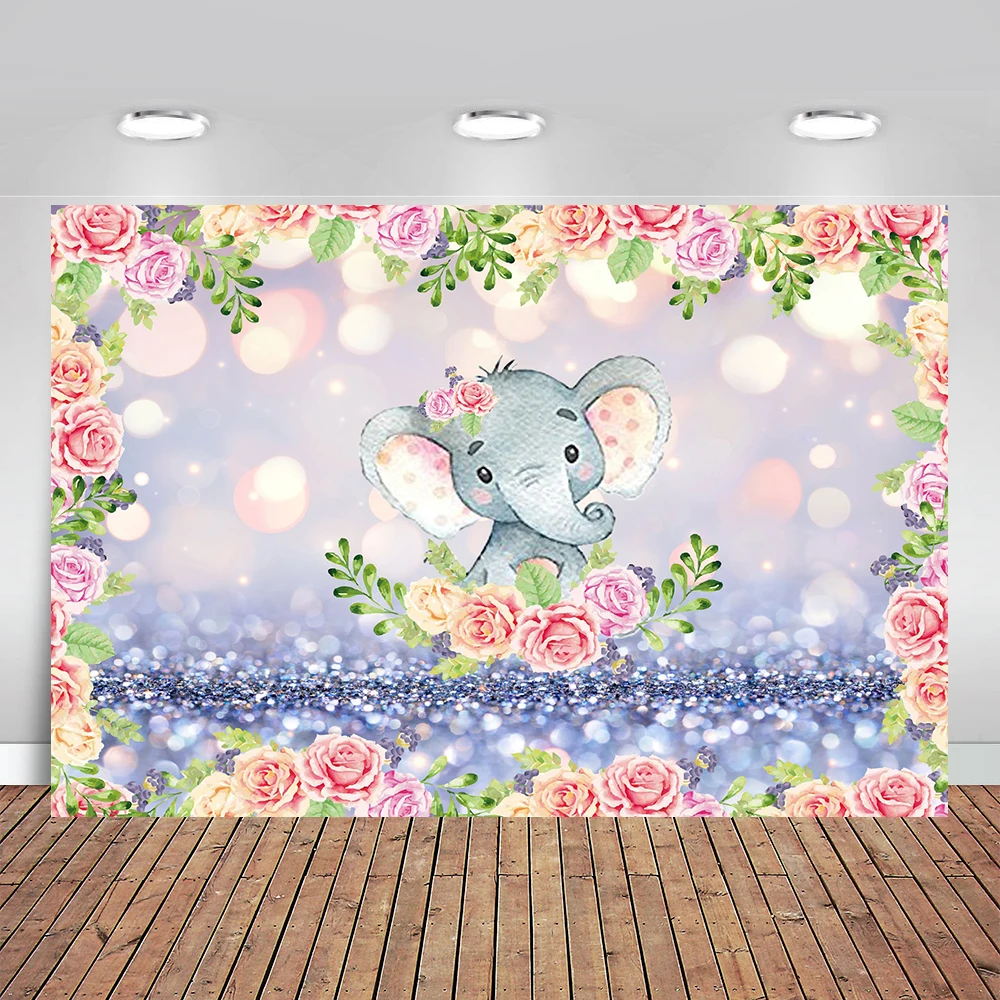 Cute Pink Elephant Baby Shower Backdrops Photography Studio Bokeh Spots Flowers Backgrounds for Grils Birthday Party Photo Booth