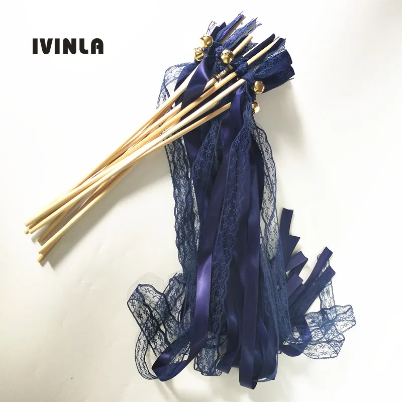 50pcs/lot  navy Lace wedding ribbon wands  with gold bell for wedding decoration