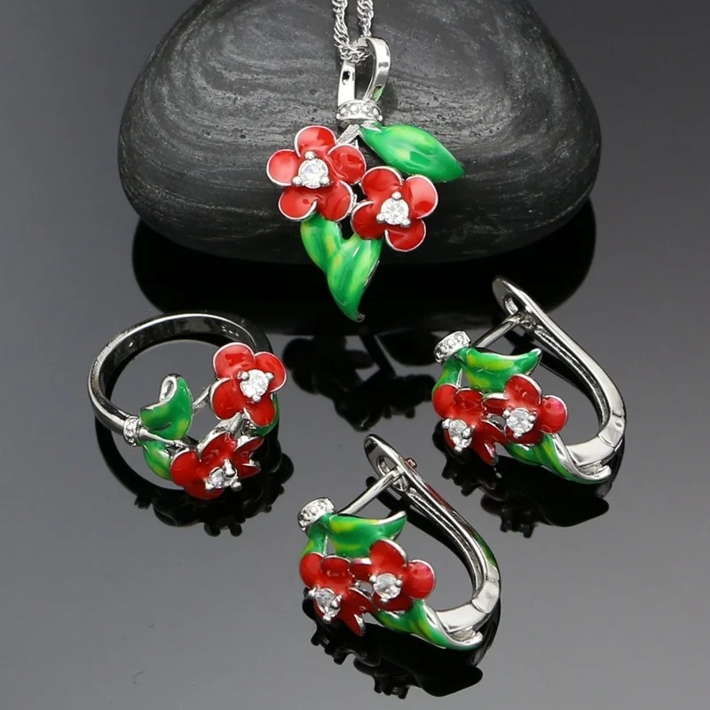 

Red Flower 925 Sterling Silver Jewelry Set For Women Birthday Gift Earrings Ring Pendant Necklace Enamel Jewelry