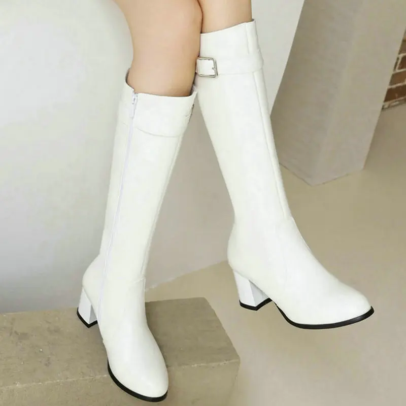 Black White Women Knee High Boots Comfortable Square High Heel Round Toe Ladies Calf Boots PU Leather Side Zipper Women\'s Boots