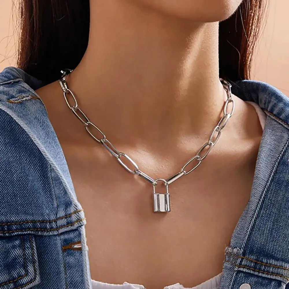 Rock Choker Lock Necklace Layered Chain On The Neck With Lock Mujer Key Padlock Pendant Necklace For Women Gift Punk Jewelry