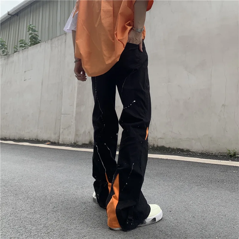 ICCLEK High Street Loose Jeans Zipper Slit Flared Pants Men's Pants Casual Black Denim Pants Stacked Jeans  Men Jeans Pants