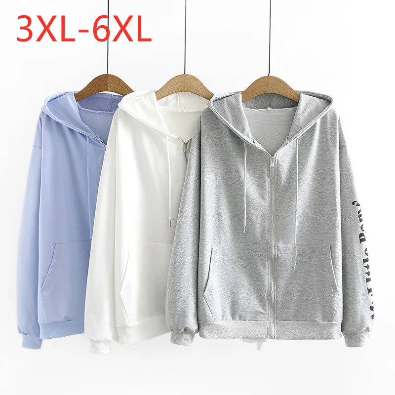 

New Ladies Autumn Winter Plus Size Hoodie Jacket For Women Large Long Sleeve Cotton Gray Zipper Sweatshirt Coat 3XL 4XL 5XL 6XL