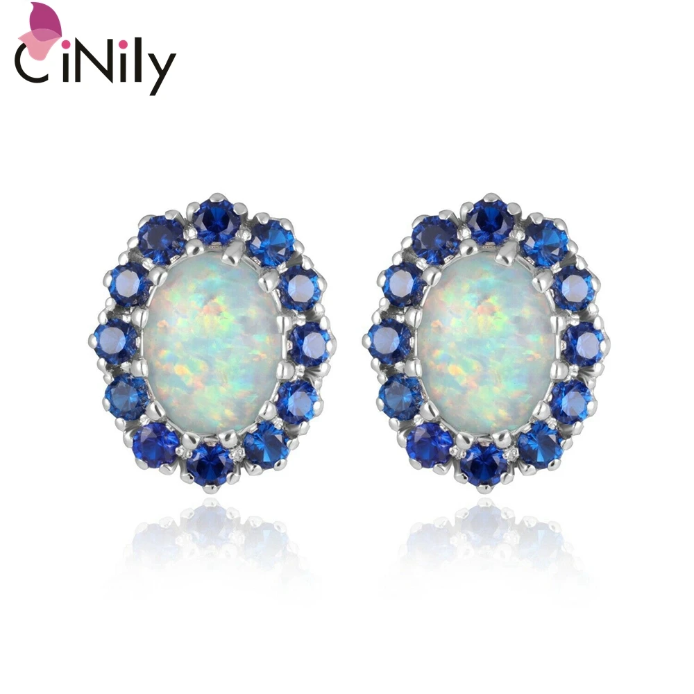 CiNily Green & Blue Fire Opal Stud Earrings Silver Plated Big Oval White Stone Filled Earring Lavish Fully-Jewelled Female Gifts