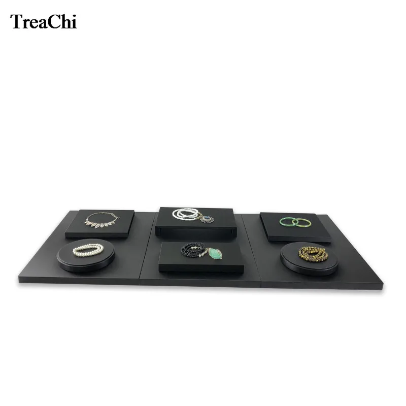 Luxury Soft PU Jewelry Counter Showcase Pad Wooden Jewelry Store Bottom Board Black Necklace Chain Jewelry Display Tray 9Pcs/Kit