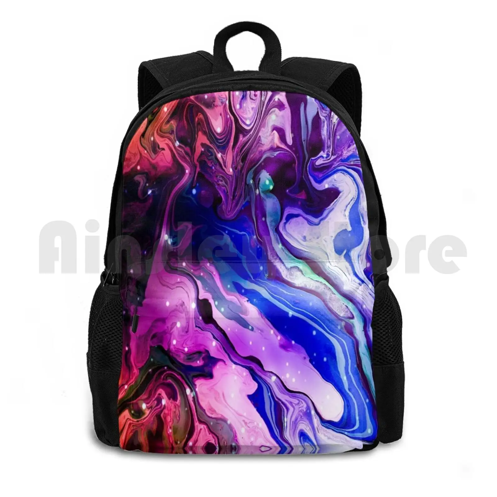 Cool Blue Outdoor Hiking Backpack Riding Climbing Sports Bag Cosmo Astrology Exotic Colors Abstract Paint Pouring Liquid Stars