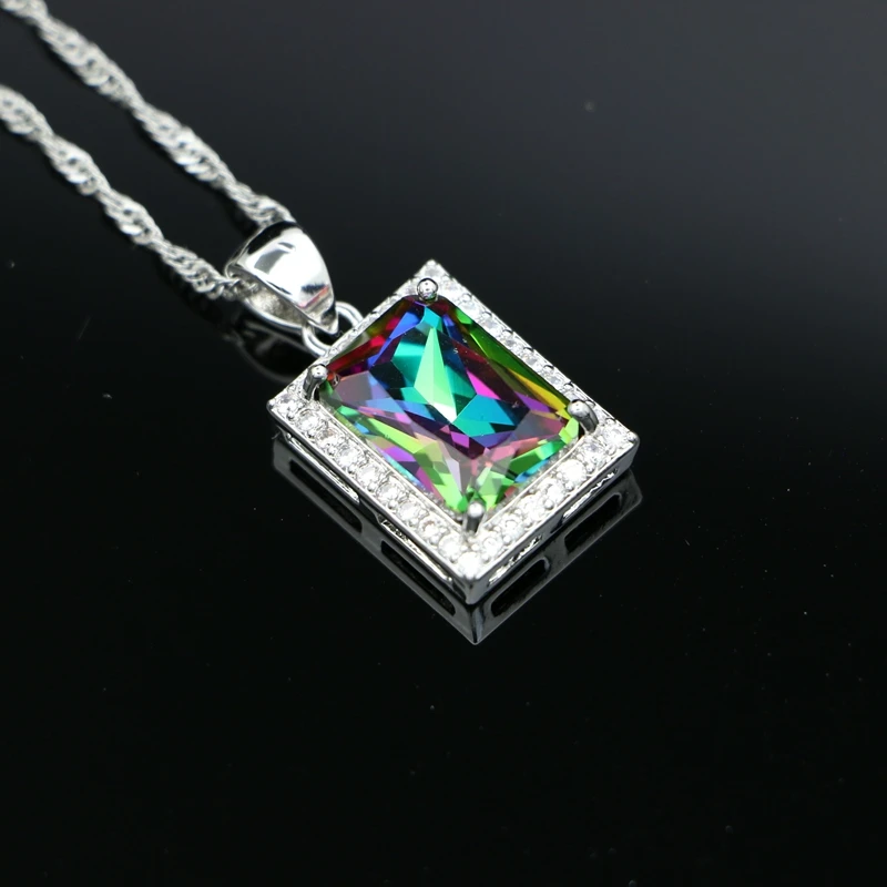 Square 925 Sterling Silver Chain Necklace Mystic Rainbow Zircon White CZ Slide Pendant For Women Wedding/Engagement/Party/Gifts