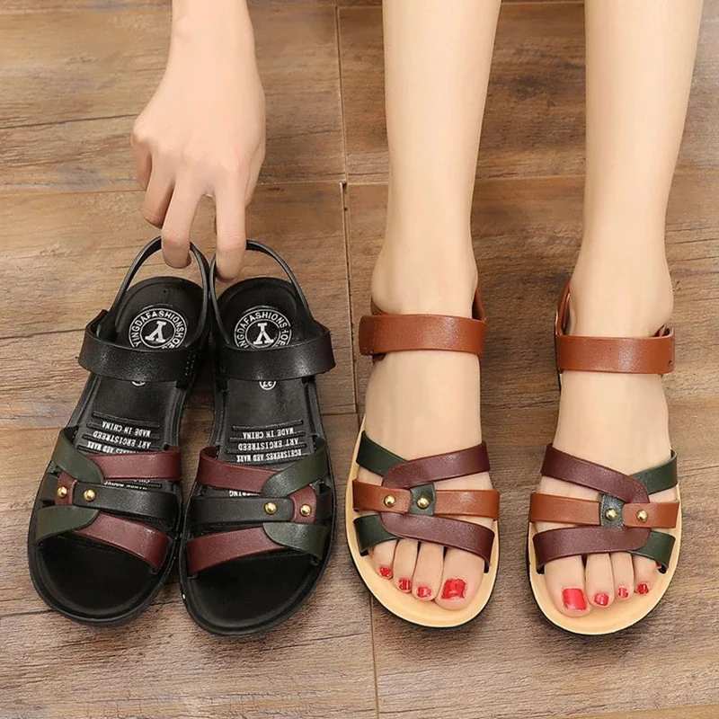 MVVJKE Size36-41Women Sandals Summer Female Platform Leather Shoes Mujer Flats Peep Toe Mixed Colors Soft Bottom Beach Sandalias